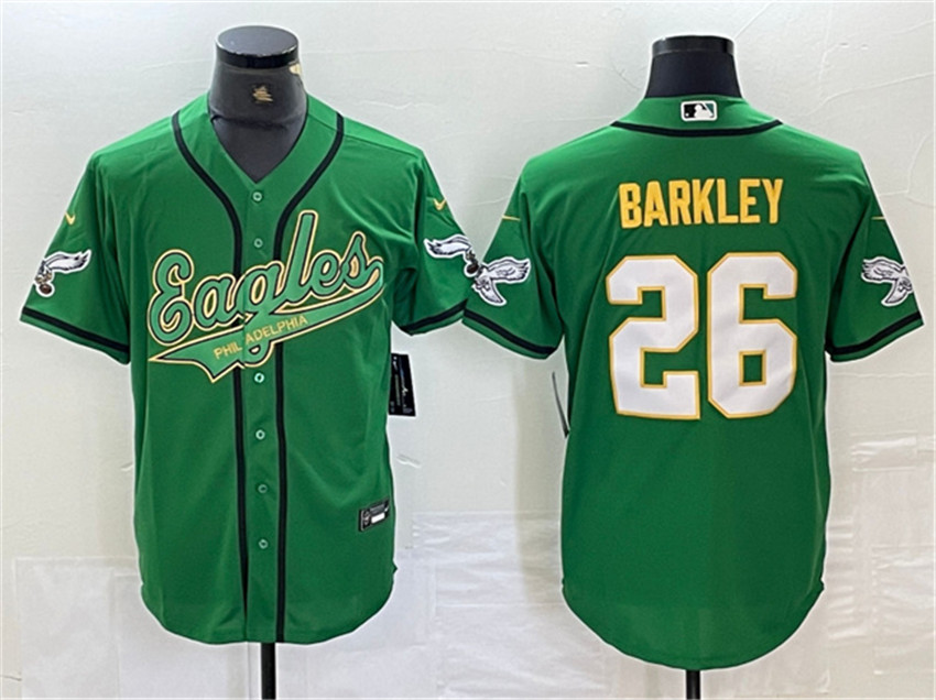 Men's Green/Gold Philadelphia Eagles #26 Saquon Barkley Cool Base Stitched Baseball Jersey